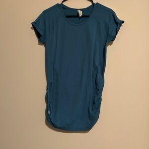 Athleta Teal Blue Short Sleeve Top Size Large Rouching Shirt Athlete